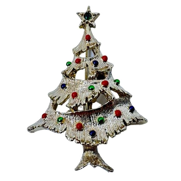 Gerrys Brooch Pin Vintage Christmas Tree Jewelry Goldtone Rhinestones Star Top - Picture 2 of 6